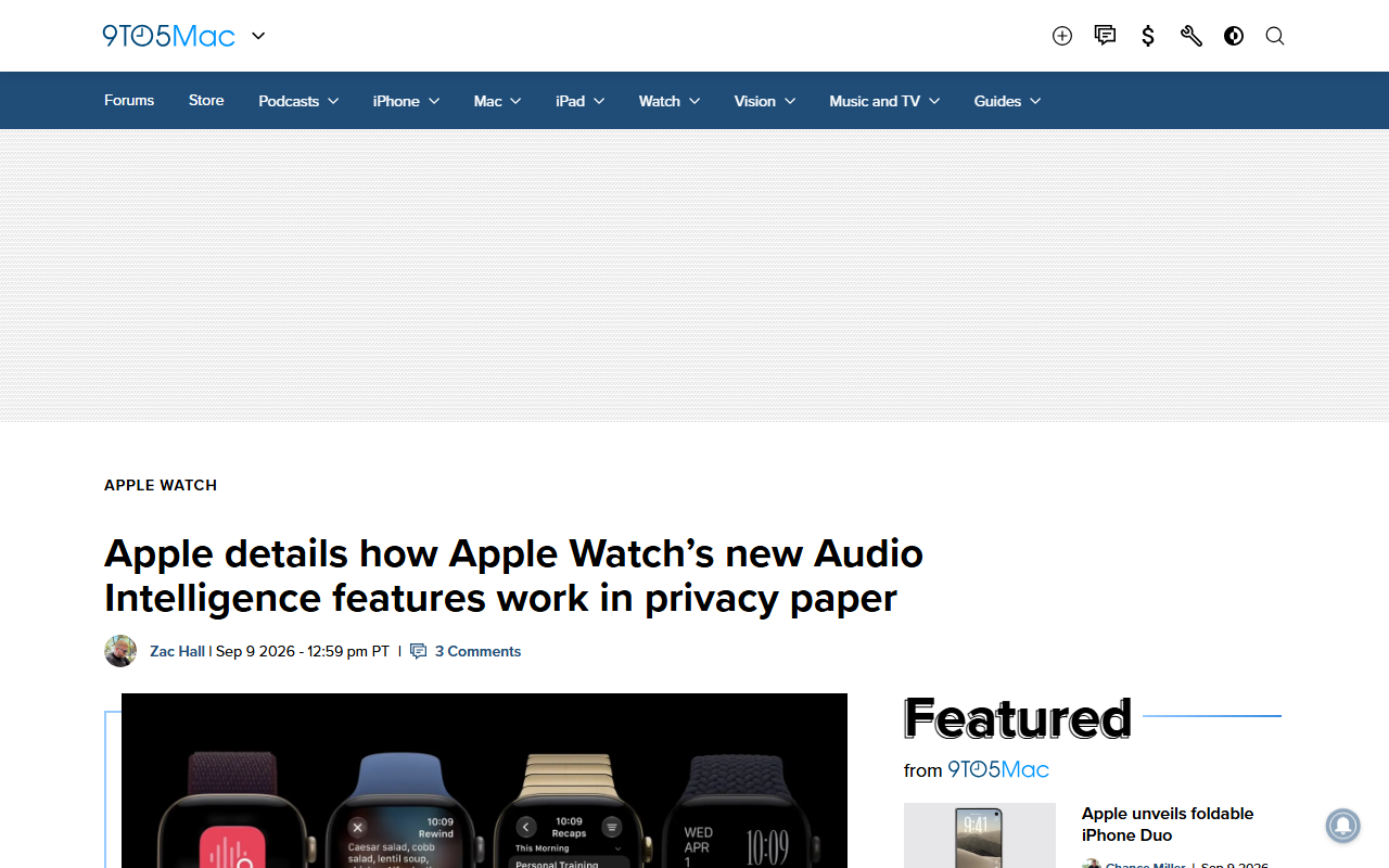 Screenshot of 9to5Mac's September 9, 2026 report on the Apple Watch Audio Intelligence privacy paper