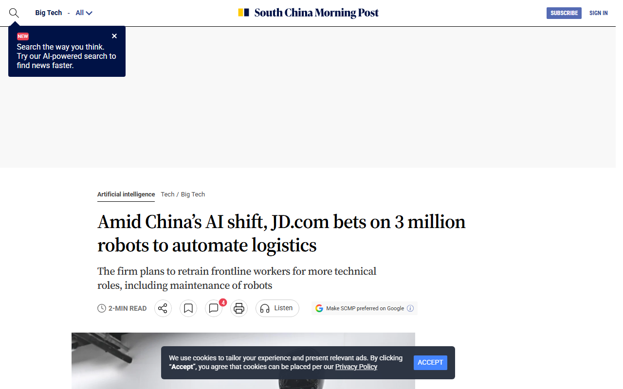 Screenshot of the South China Morning Post's September 9, 2026 report on JD.com's 3 million robot automation plan