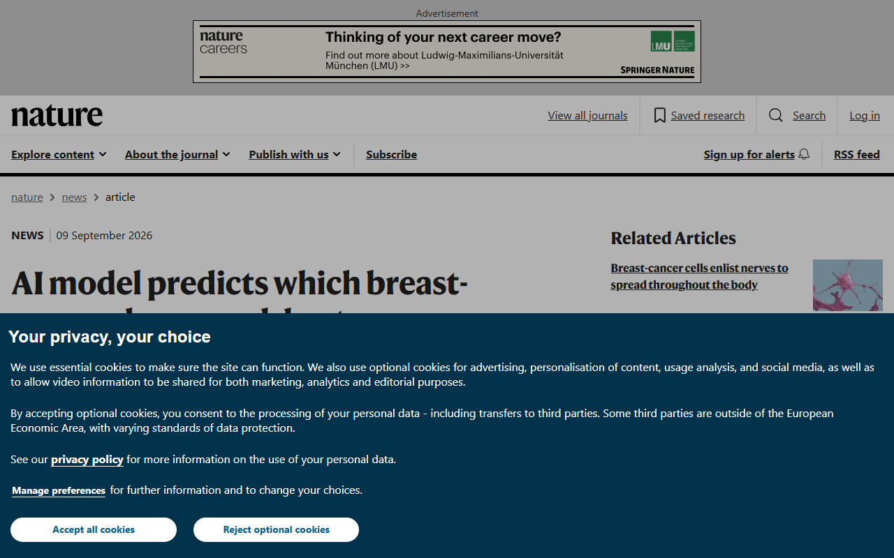 Screenshot of Nature's September 9, 2026 report on an AI virtual cell predicting breast cancer drug response