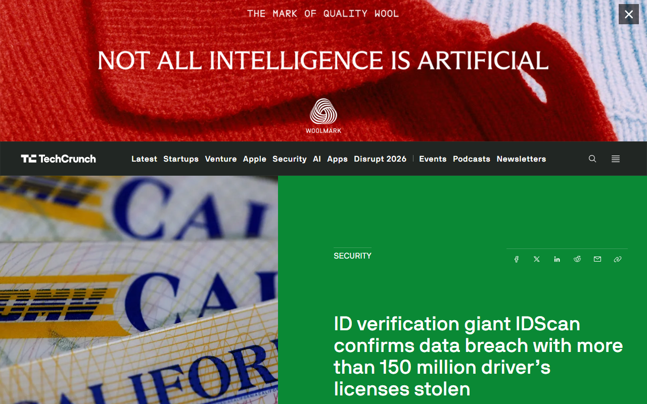 Screenshot of TechCrunch's September 10, 2026 report on the IDScan.net data breach