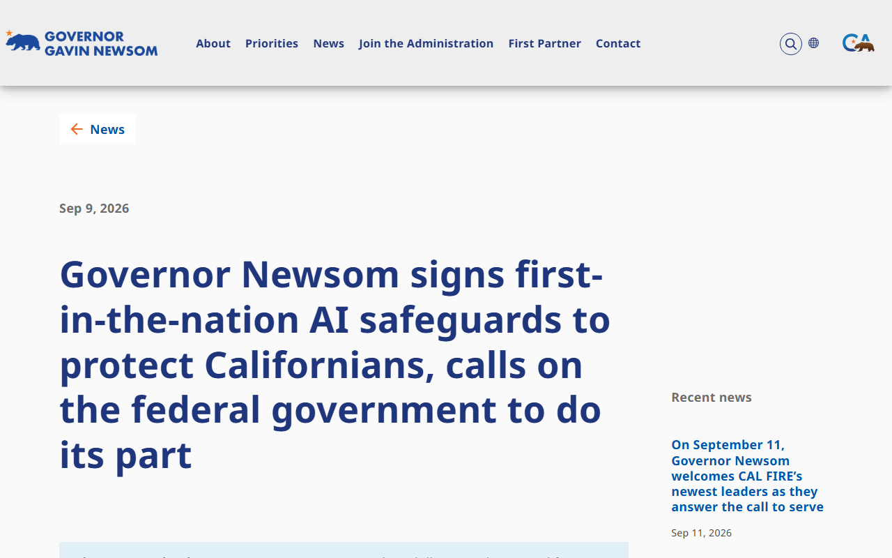 Screenshot of the California Governor's Office September 9, 2026 release on the first-in-nation AI audit laws
