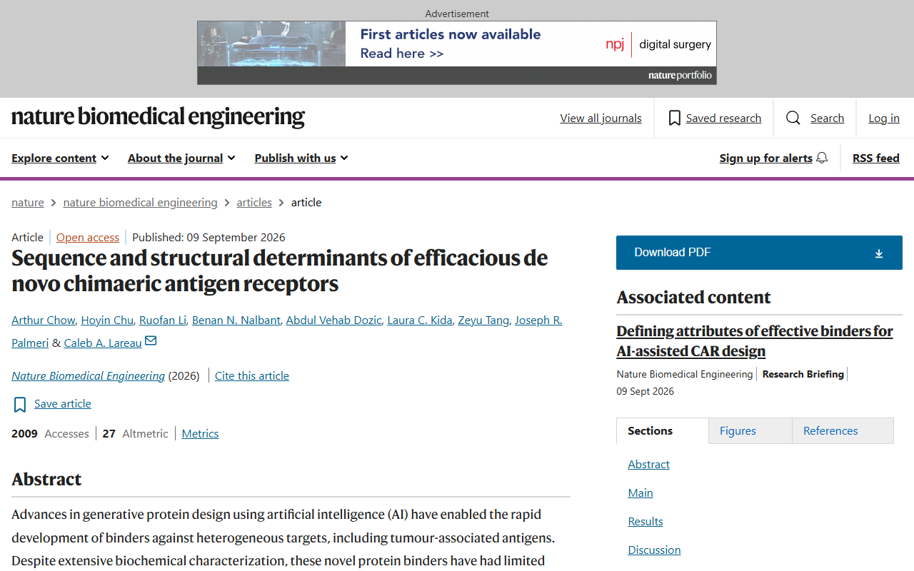 Screenshot of the open-access Nature Biomedical Engineering paper on AI-designed de novo chimaeric antigen receptors
