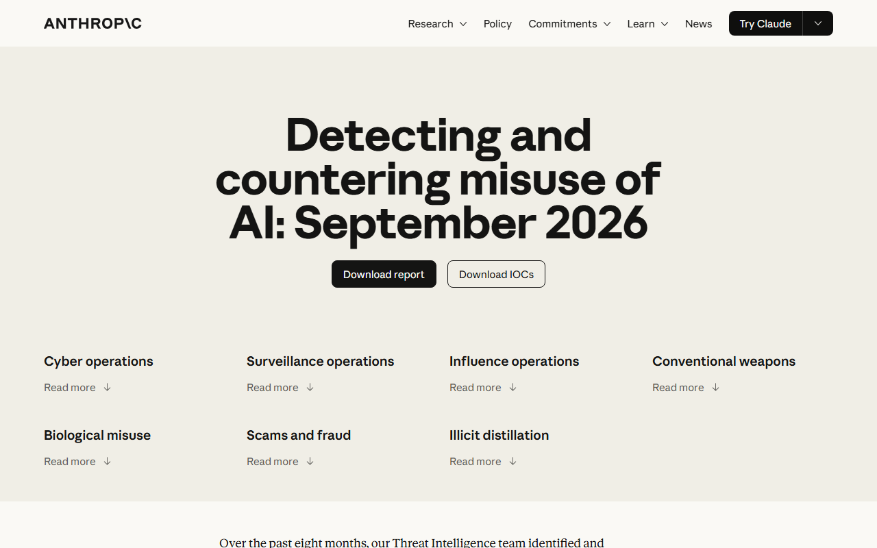 Screenshot of Anthropic's September 10, 2026 threat-intelligence report on Claude misuse