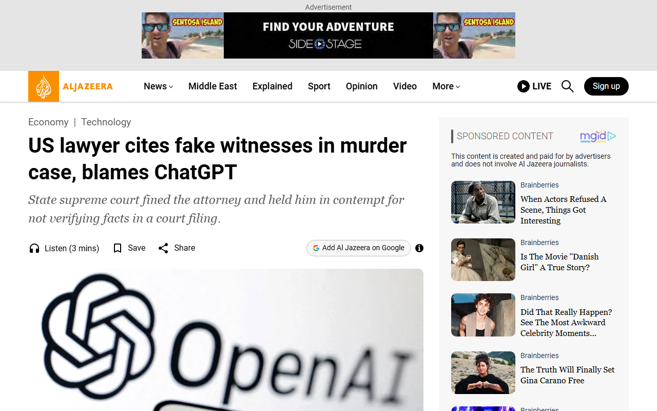 Screenshot of Al Jazeera's September 11, 2026 report on the New Mexico ChatGPT witness sanctions