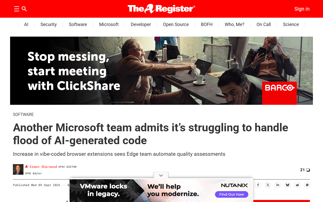 Screenshot of The Register's September 9, 2026 report on Microsoft Edge's AI-generated code review strain