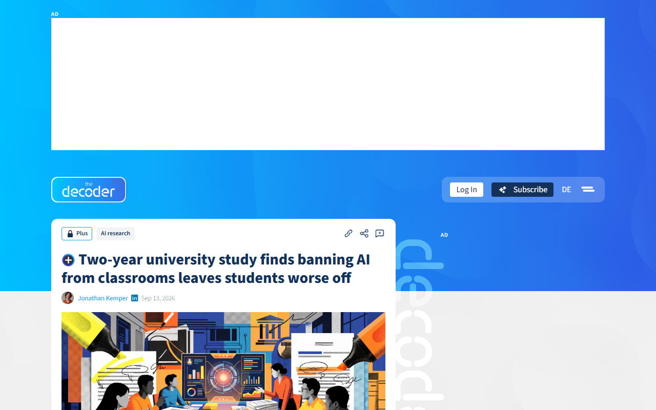 Screenshot of The Decoder's September 13, 2026 report on a two-year study of banning AI in classrooms