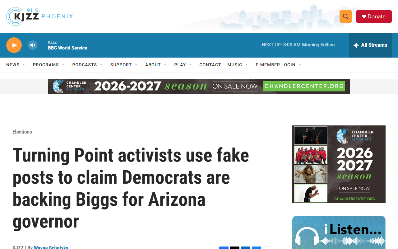 Screenshot of KJZZ's September 8, 2026 report on Turning Point activists' fake posts in the Arizona governor race