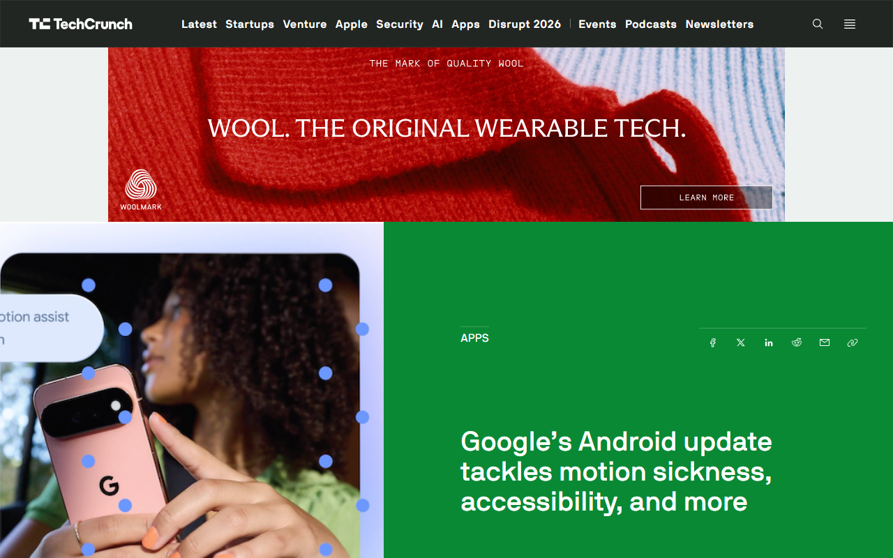 Screenshot of TechCrunch's September 1, 2026 report on Google's Android Drop accessibility features