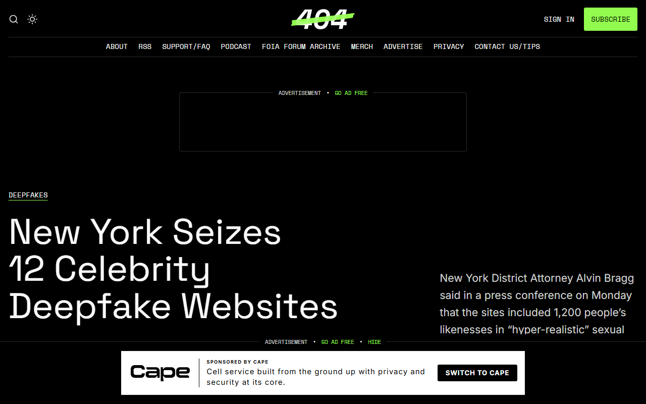 Screenshot of 404 Media's September 14 report on New York's seizure of a dozen celebrity deepfake websites