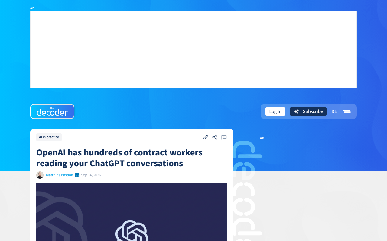 Screenshot of The Decoder's September 14 report on OpenAI contractors reading ChatGPT conversations