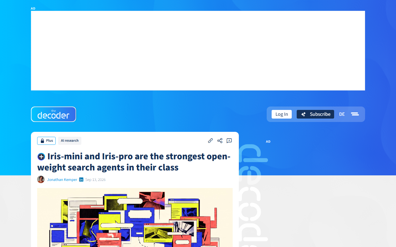 Screenshot of The Decoder's write-up of AllSpark's Iris-mini and Iris-pro open-weight search agents
