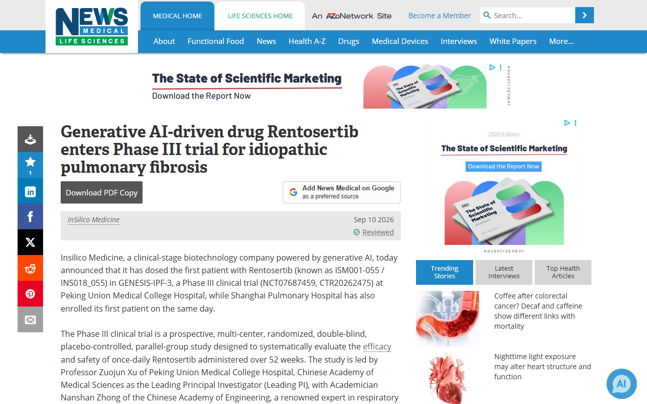 Screenshot of News-Medical's report on Insilico's rentosertib entering a Phase 3 trial for pulmonary fibrosis