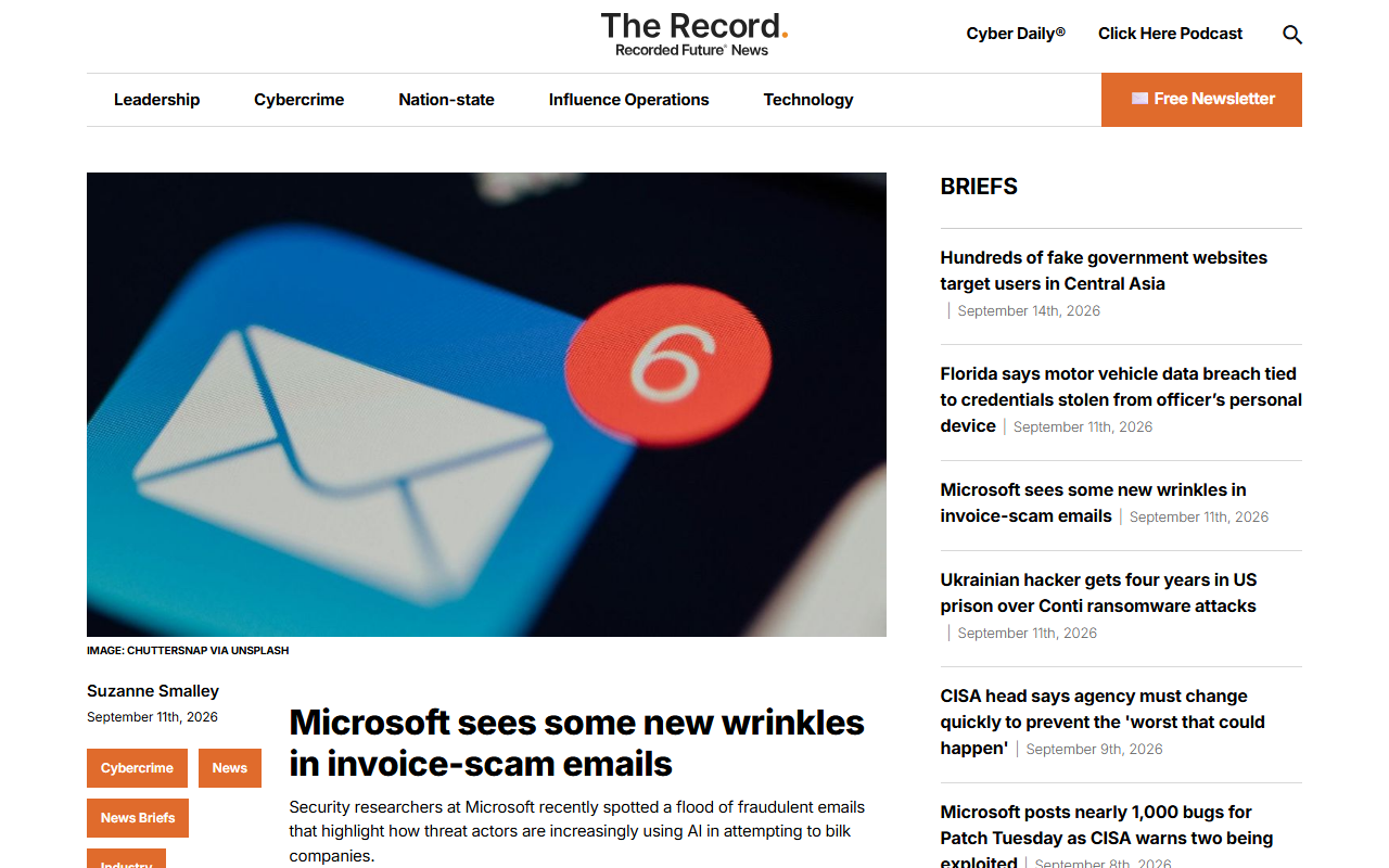 Screenshot of The Record's September 11 report on Microsoft's million-email invoice-scam campaign