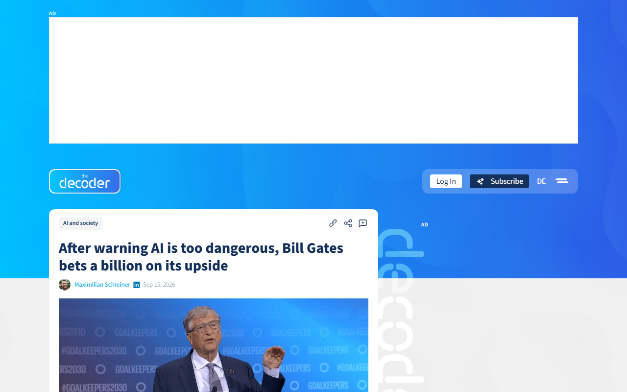 Screenshot of The Decoder's September 15 report on the Gates Foundation's $1 billion AI commitment