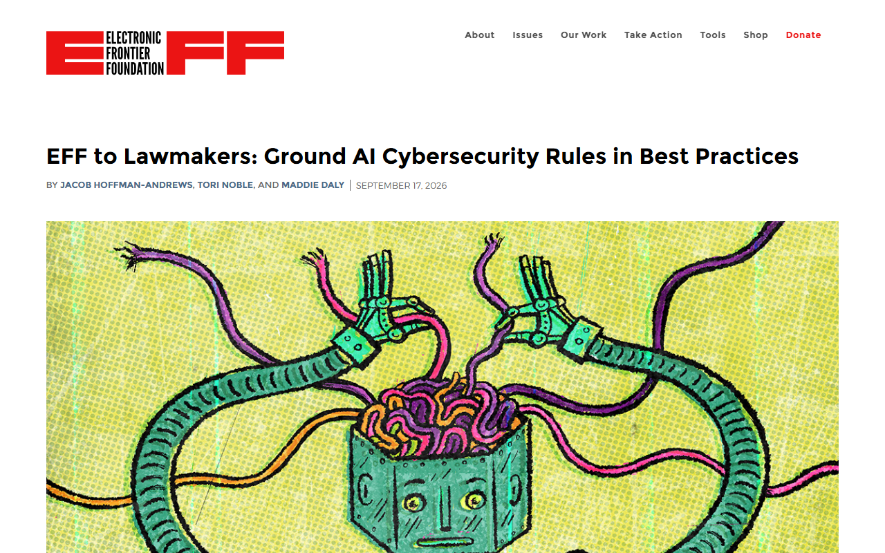 Screenshot of EFF's September 17 Deeplinks post urging Congress to ground AI security law in best practices