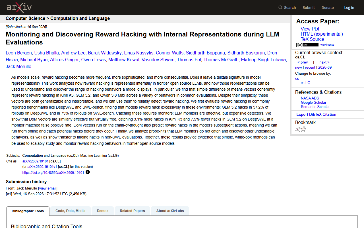 Screenshot of the arXiv abstract page for the reward-hacking detection study