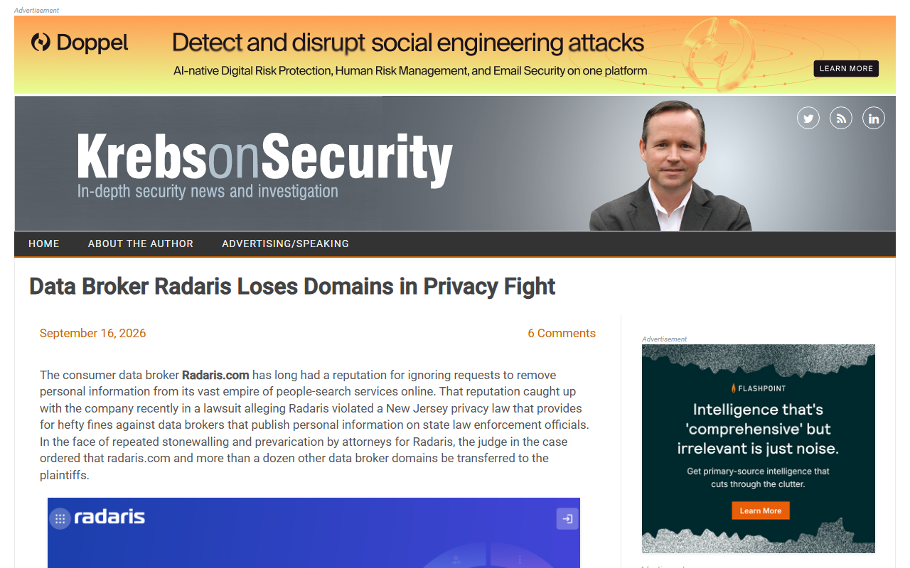 Screenshot of Krebs on Security's report on data broker Radaris losing its domains
