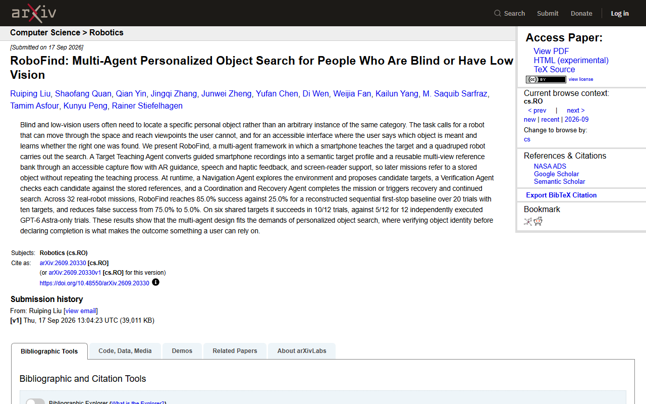 Screenshot of the arXiv abstract page for the RoboFind assistive-robot study
