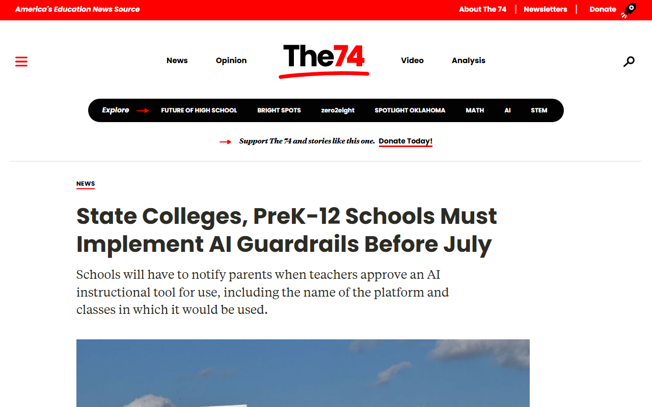 Screenshot of The74's September 18 report on Florida's new K-12 and college AI guardrails rule