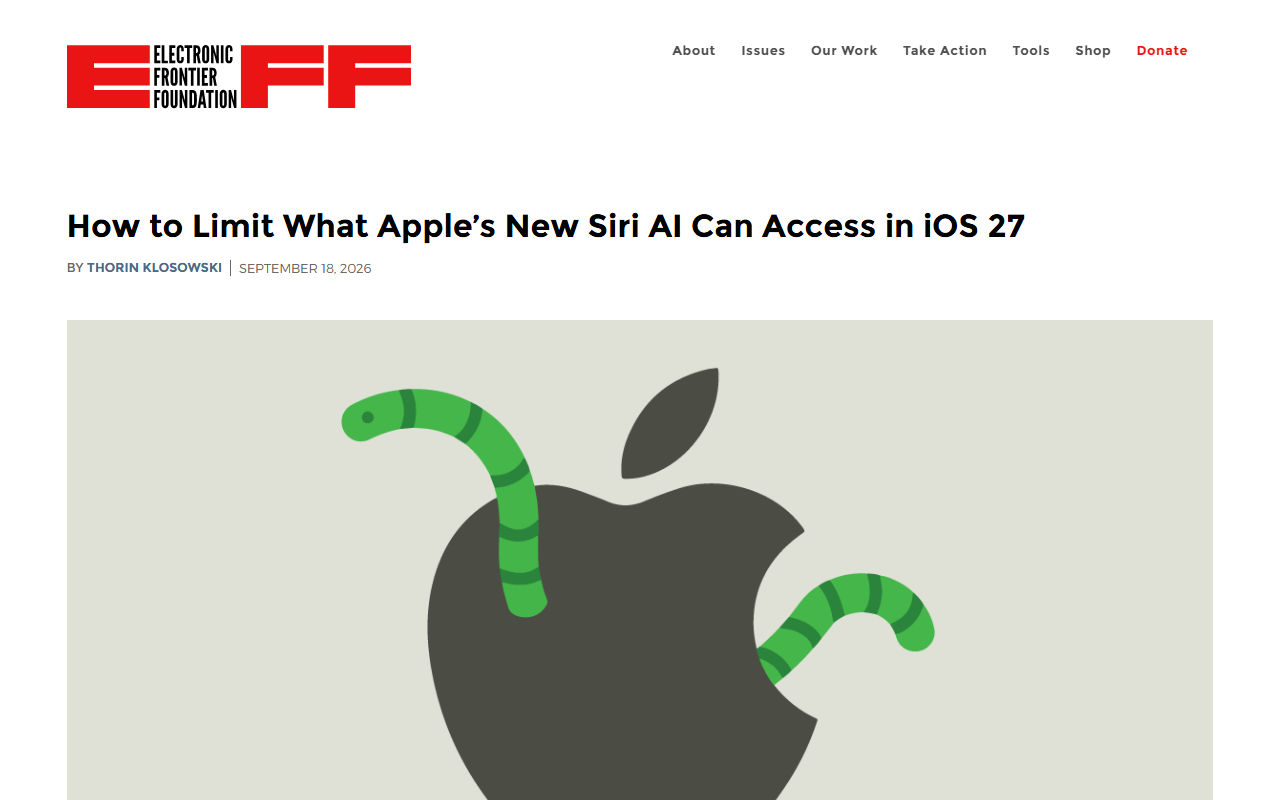 Screenshot of EFF's September 18 Deeplinks guide to limiting Apple's new Siri AI in iOS 27