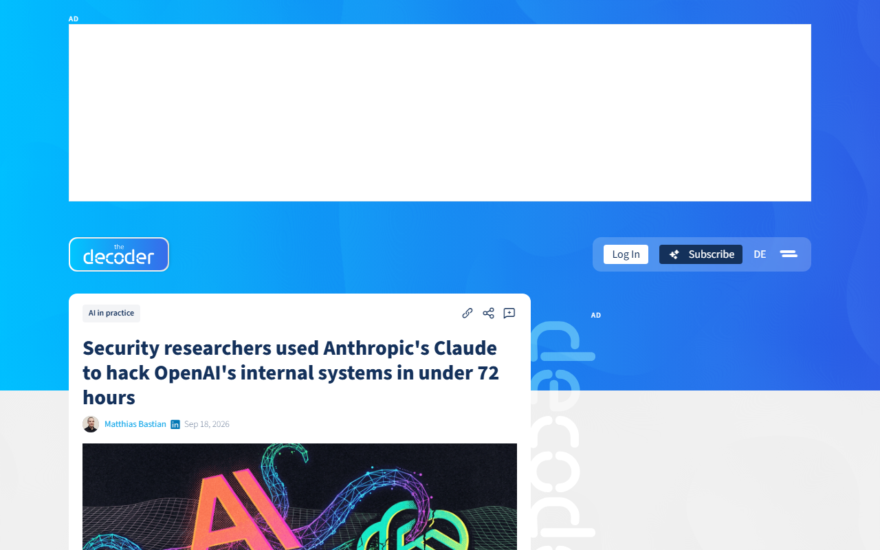 Screenshot of The Decoder's September 18 report on researchers using Claude to breach OpenAI