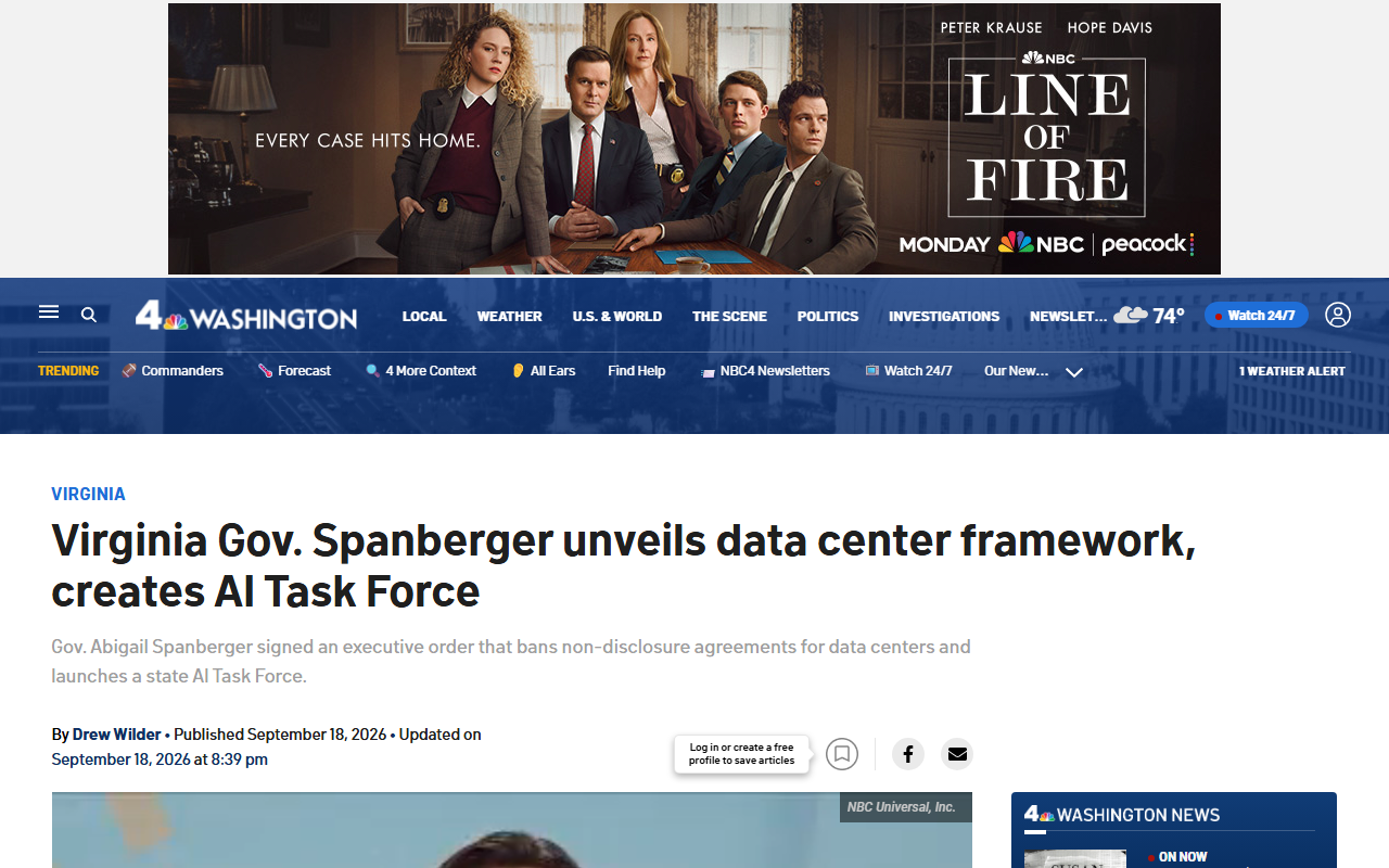 Screenshot of NBC Washington's report on Virginia Gov. Spanberger's data-center order and new AI task force