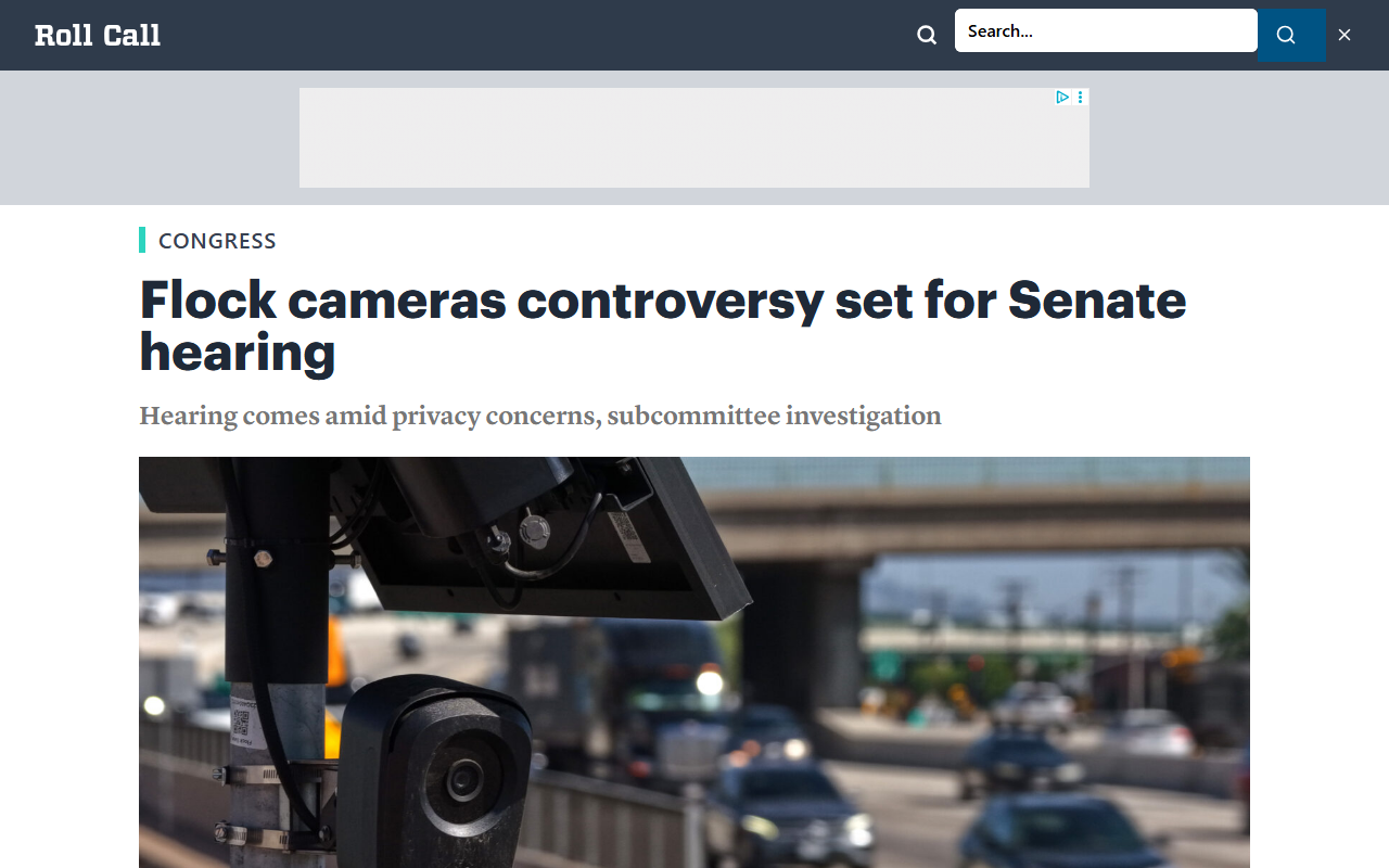 Screenshot of Roll Call's report on the Senate hearing summoning Flock and rival AI camera-network CEOs