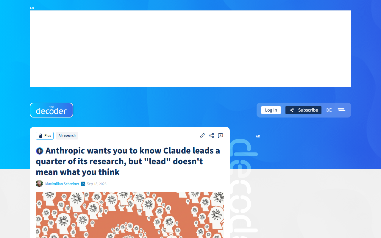 Screenshot of The Decoder's report on Anthropic's claim that Claude leads a quarter of its research
