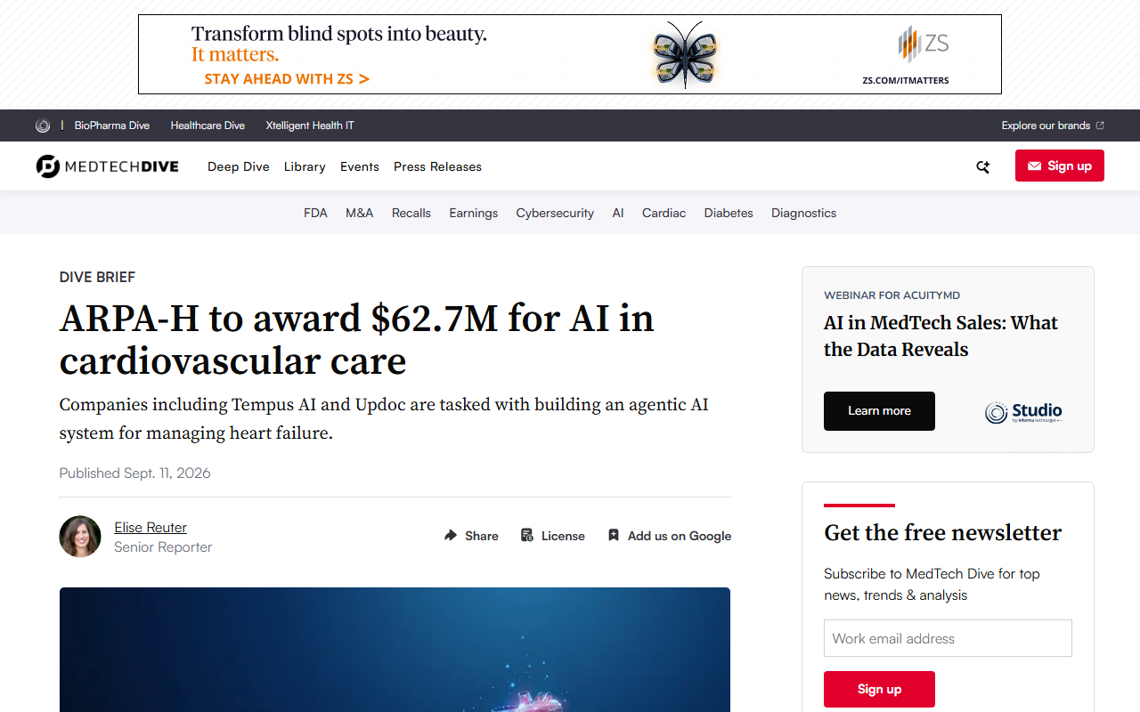 Screenshot of MedTech Dive's report on ARPA-H's $62.7 million award for AI in cardiovascular care