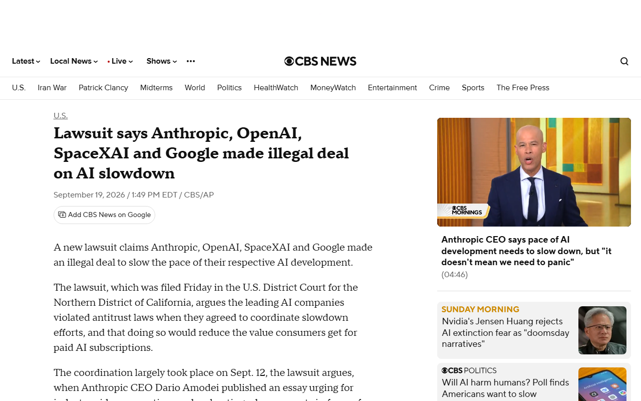 Screenshot of CBS News' report on the antitrust class action against Anthropic, OpenAI, xAI, and Google.