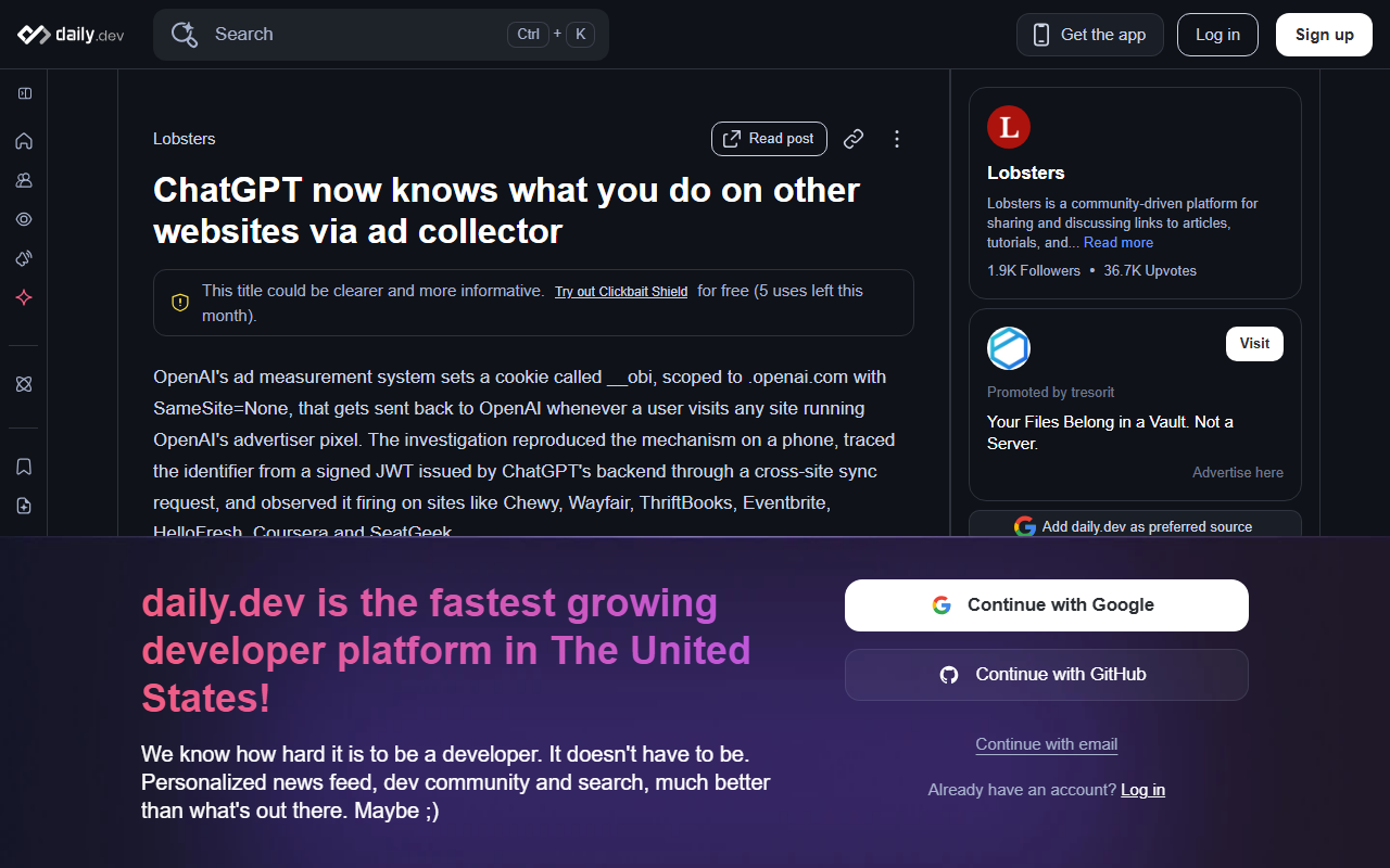 Screenshot of the daily.dev writeup on OpenAI's ad collector tracking ChatGPT users across other websites.