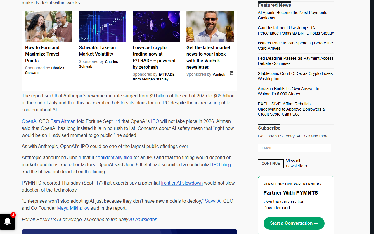 Screenshot of the PYMNTS report on Anthropic targeting a November IPO as revenue surges.