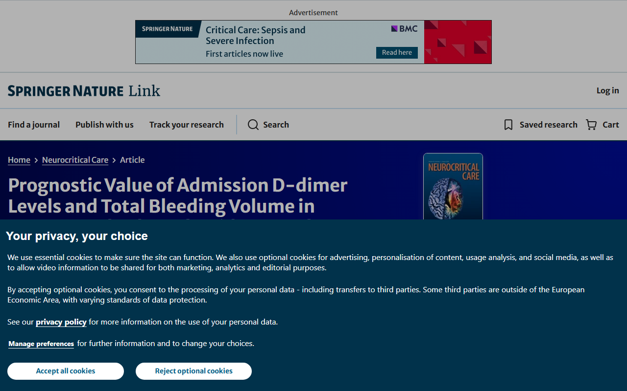Screenshot of the Neurocritical Care study on using D-dimer and machine learning to predict recovery after a brain bleed.