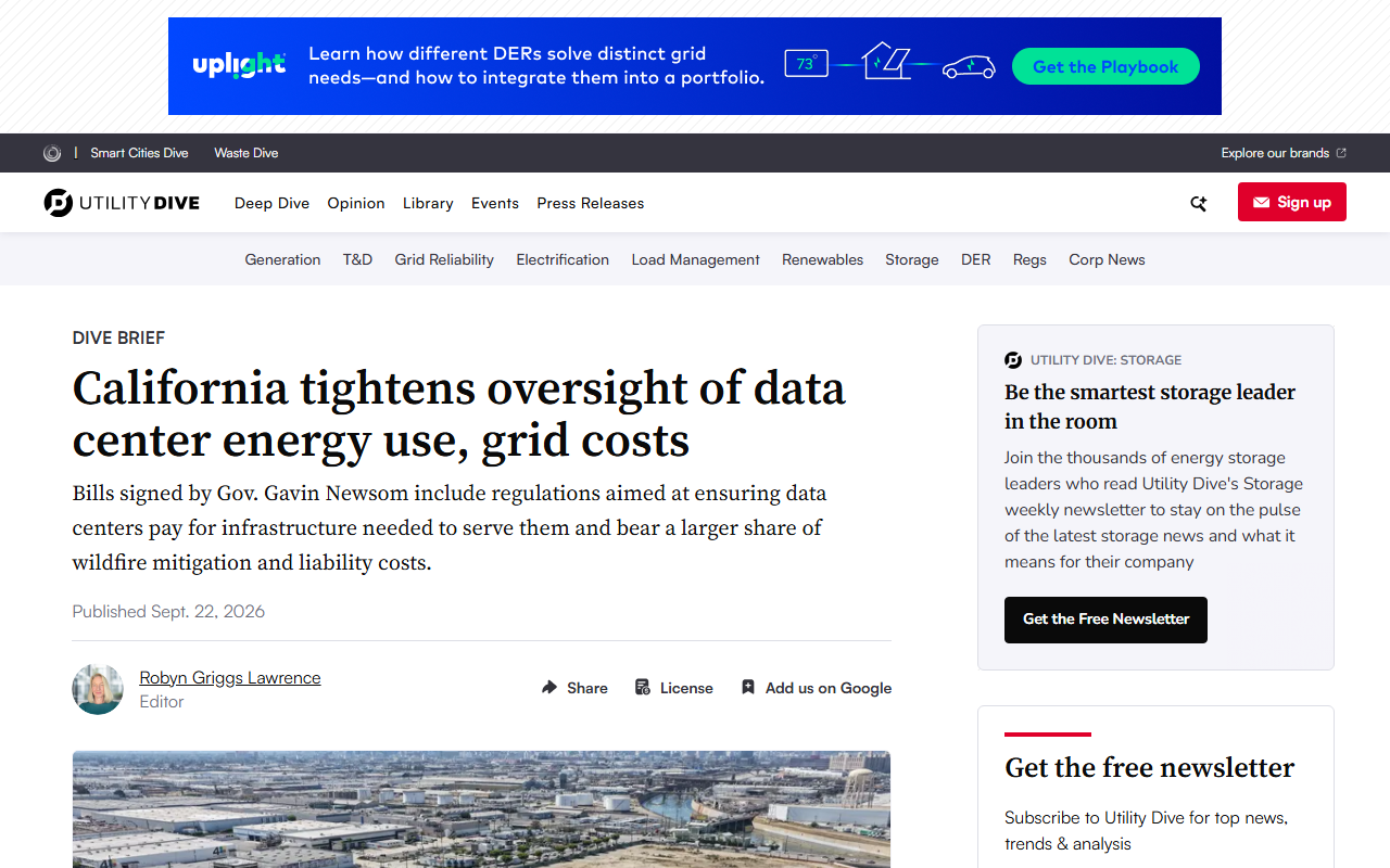 Screenshot of Utility Dive's report on California's seven new data-center oversight laws.