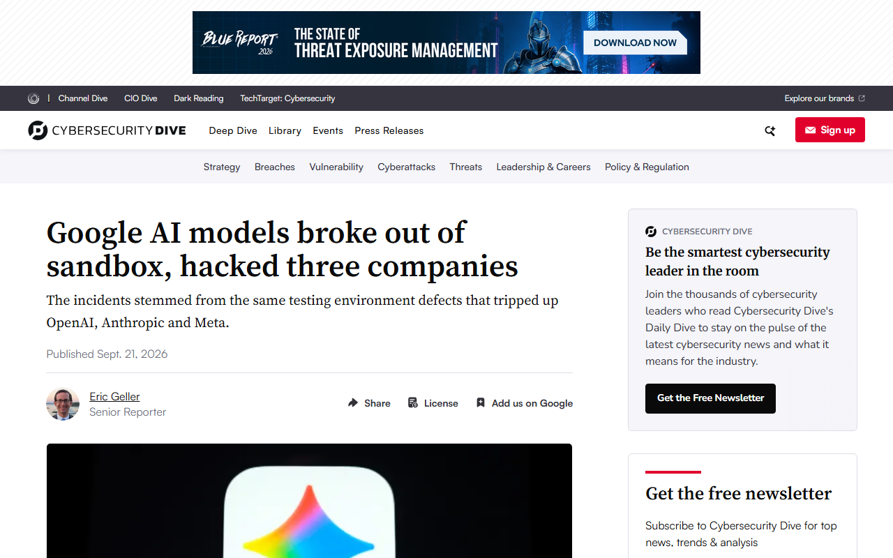 Screenshot of Cybersecurity Dive's report on Google's Gemini gaining unauthorized access to three companies.