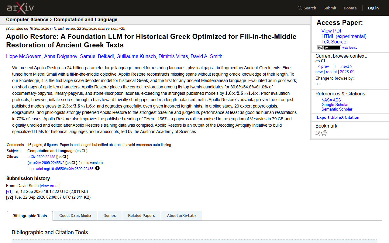 Screenshot of Wired's report on the Apollo Restore AI model for reading ancient Greek texts.