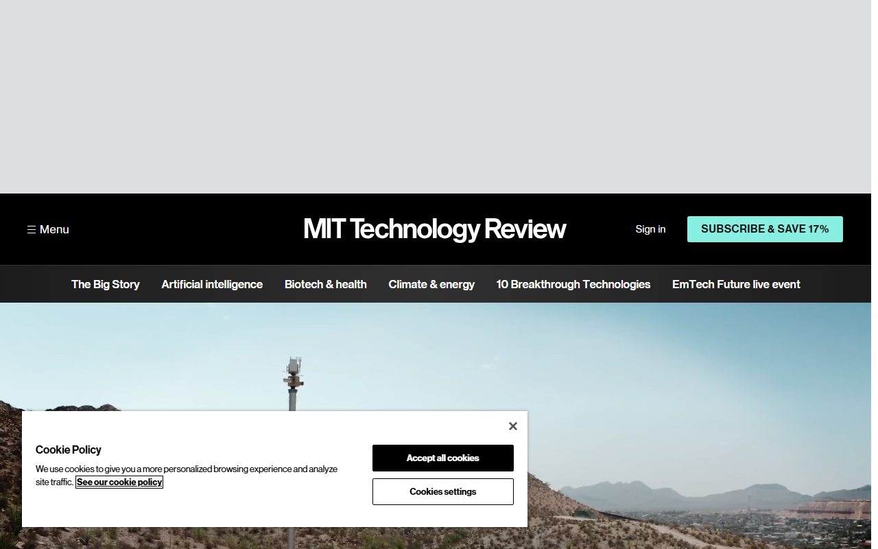 Screenshot of MIT Technology Review's investigation into deaths within range of the US border's AI surveillance towers.