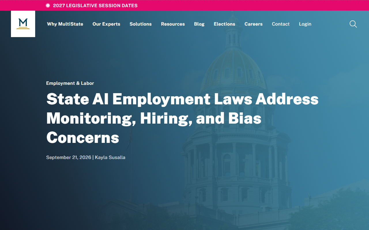 Screenshot of MultiState's rundown of new state AI-employment laws in Colorado and Connecticut.