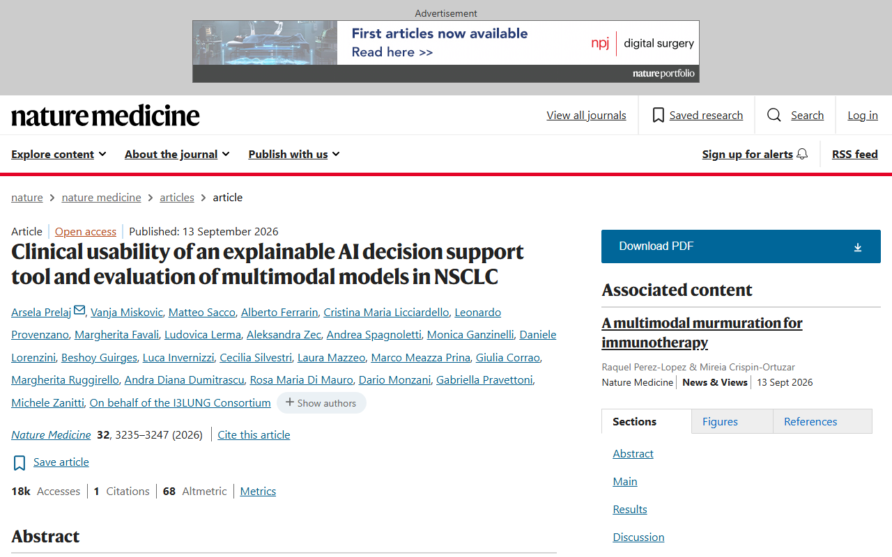 Screenshot of MedicalXpress's report on the I3LUNG multimodal AI immunotherapy-response study.