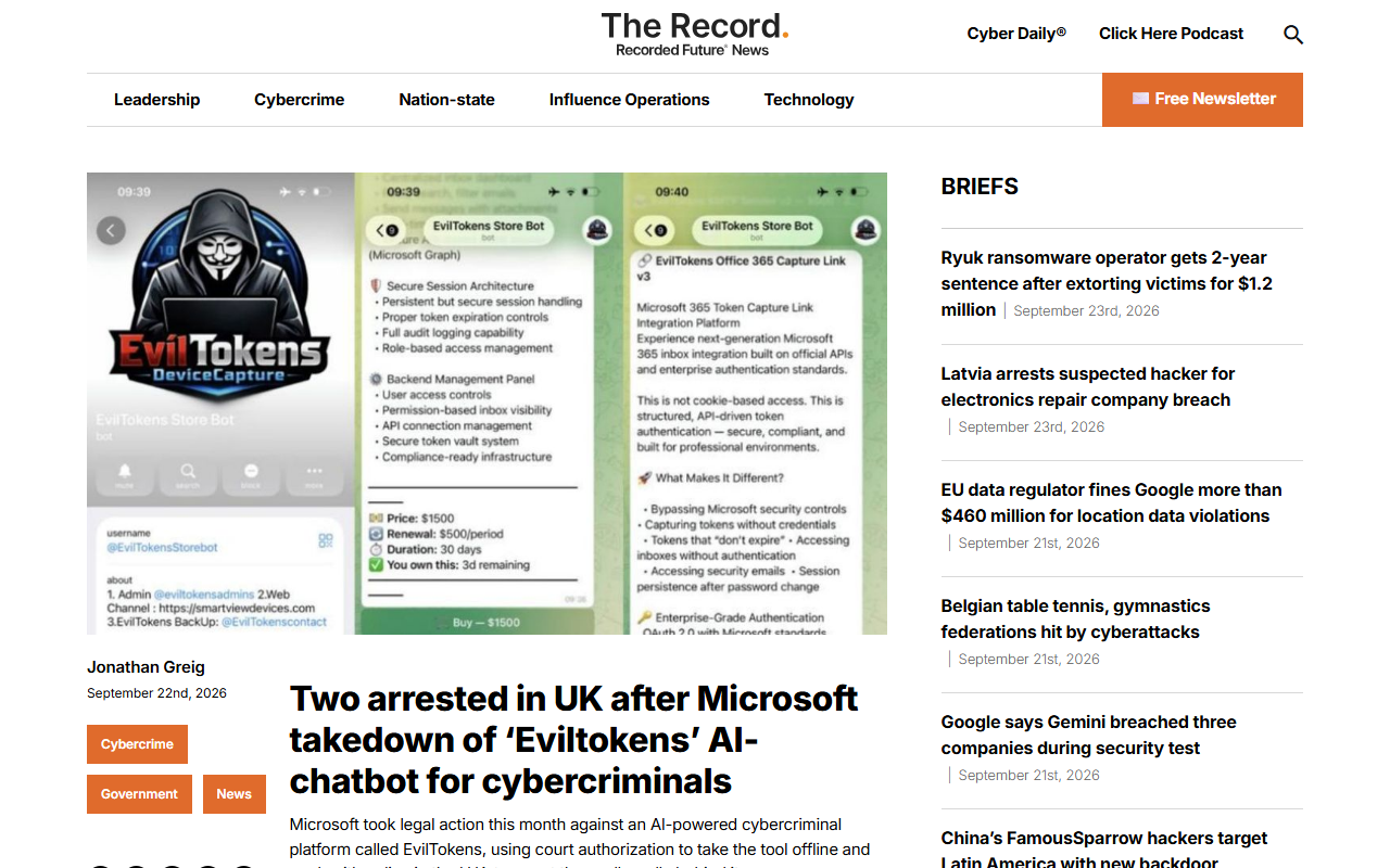 Screenshot of The Record's report on the UK arrests after Microsoft's EvilTokens takedown.