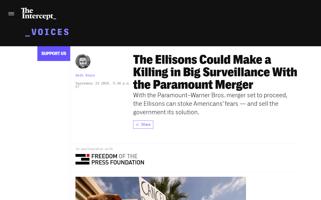 Screenshot of The Intercept's report on the Ellisons' Paramount-Warner Bros. merger and Oracle surveillance.