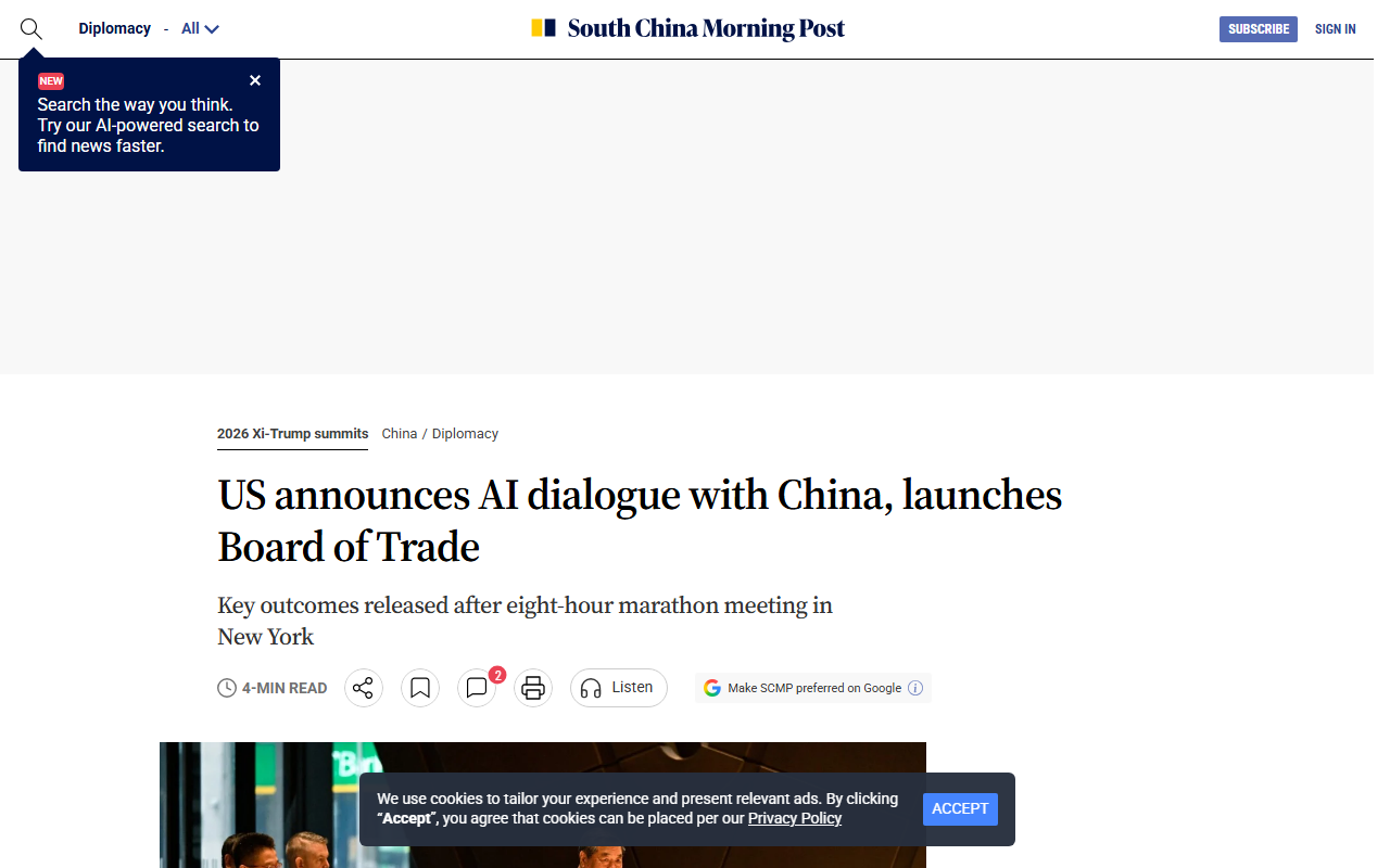 Screenshot of the South China Morning Post's report on US-China talks before the Trump-Xi summit.