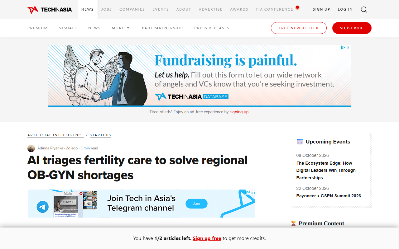 Screenshot of Tech in Asia's report on OvyHealth using AI to triage fertility and OB-GYN care.