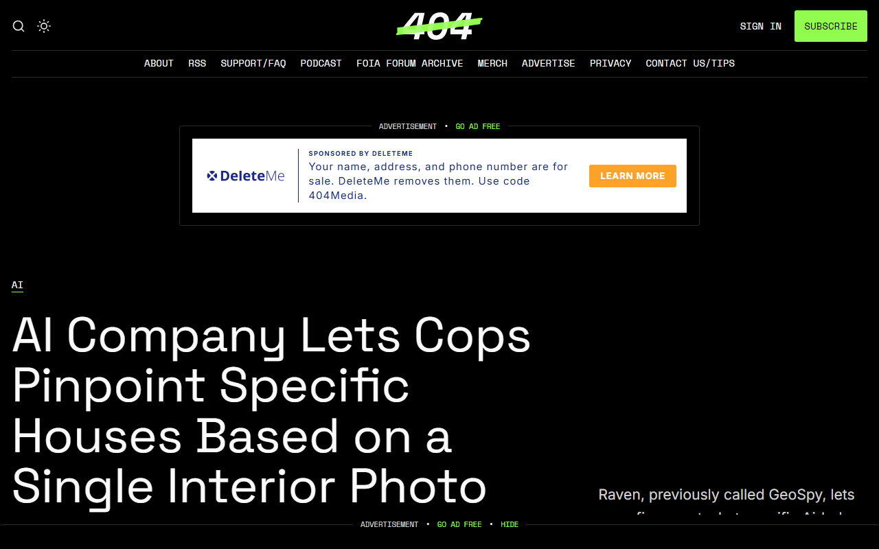 Screenshot of 404 Media's report on Graylark's Raven tool pinpointing a home from one interior photo.