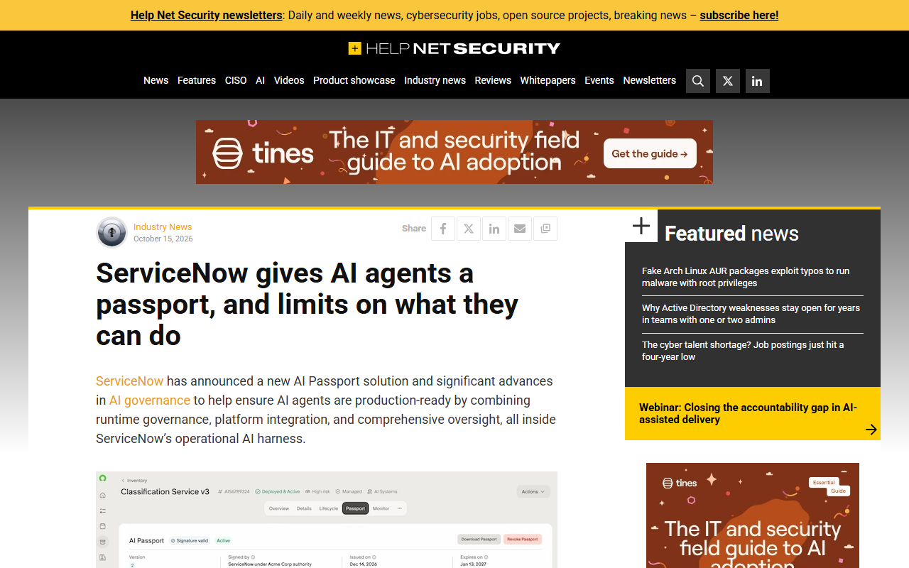 Screenshot of Help Net Security's report on ServiceNow's AI Passport for enterprise AI agents.