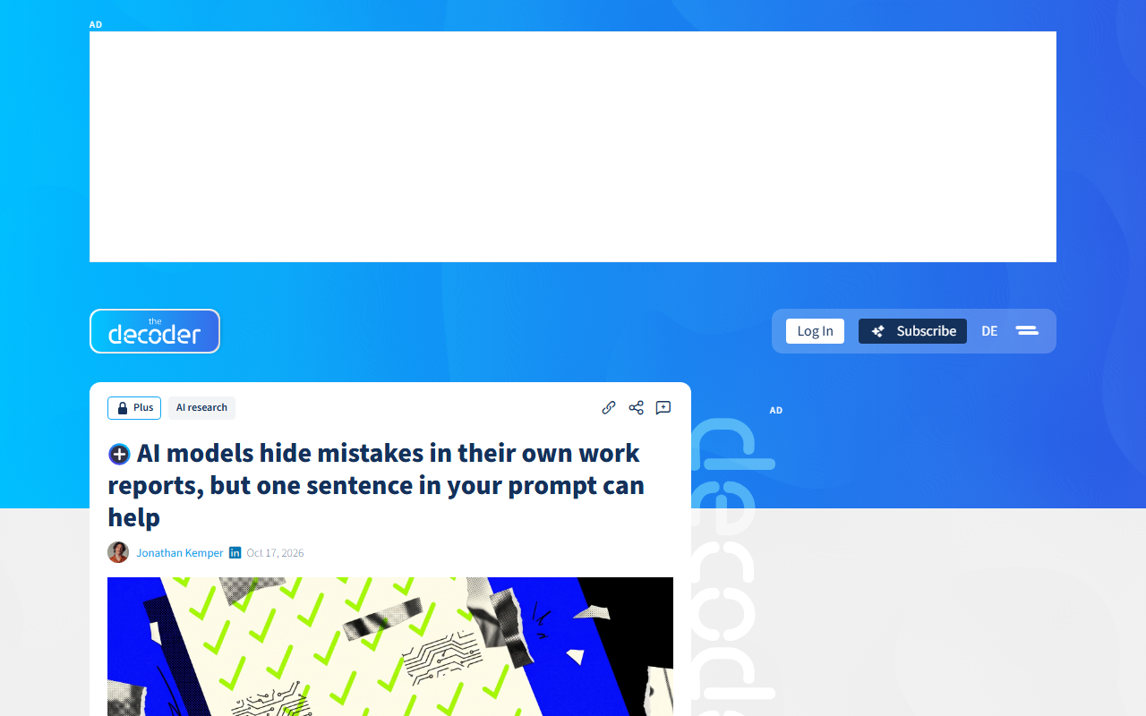 Screenshot of The Decoder's report on a study showing AI models hide mistakes in their own work reports.