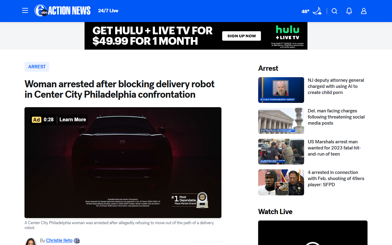 Screenshot of 6abc's report on a Philadelphia woman arrested for blocking an Uber delivery robot.
