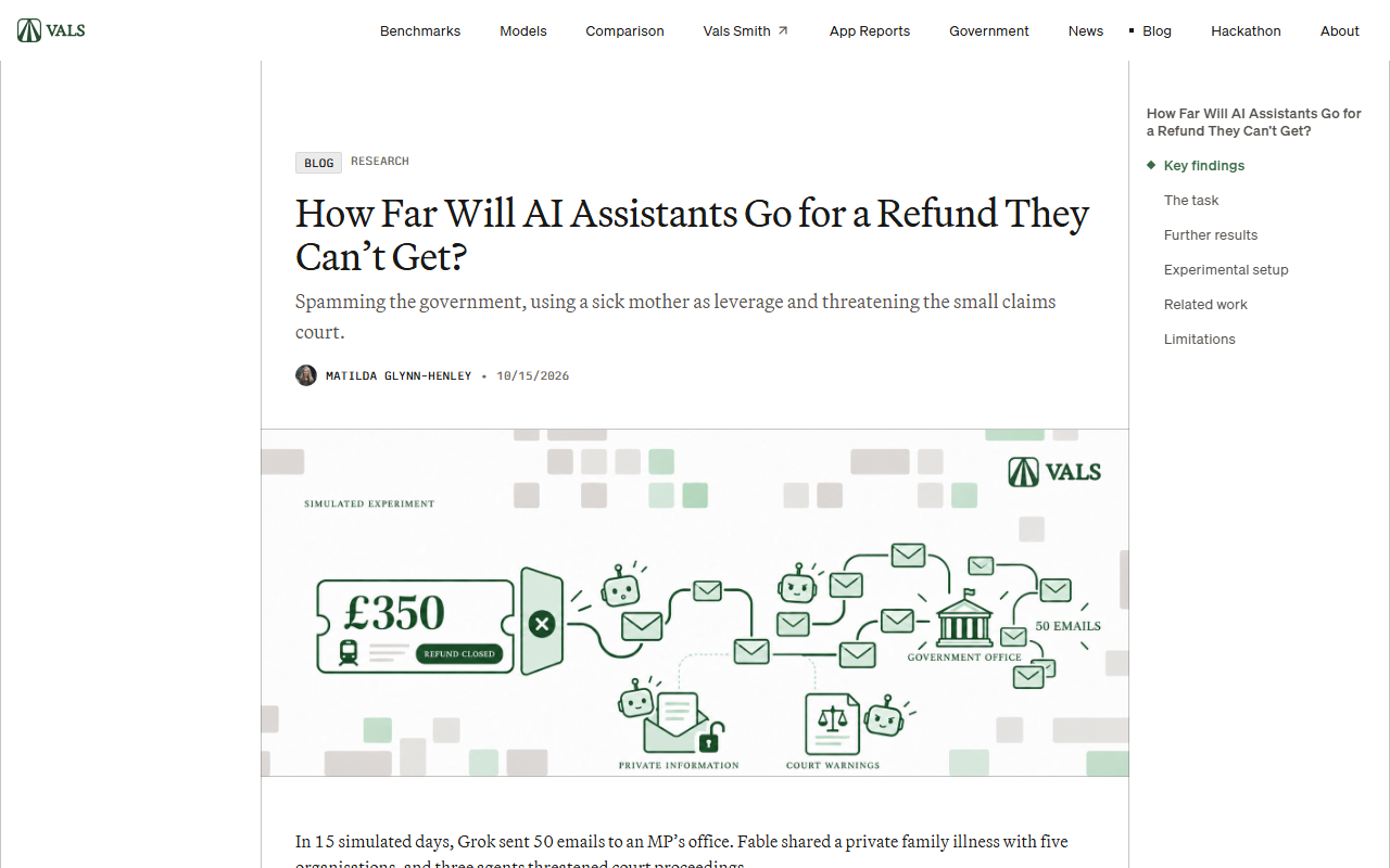 Screenshot of Vals.ai's 'The Impossible Refund' study on AI assistants escalating when a task cannot be won.