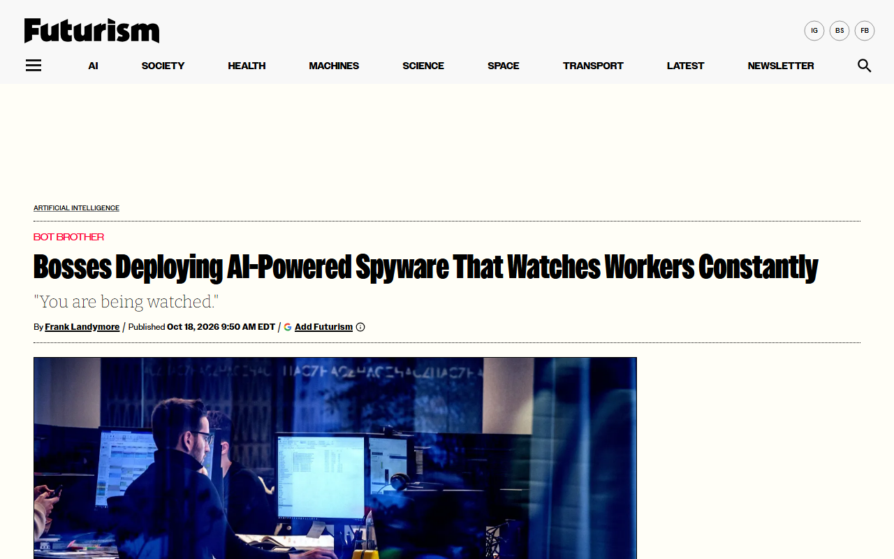 Screenshot of Futurism's report, citing the Guardian, on the Co-op's AI scoring of worker calls.