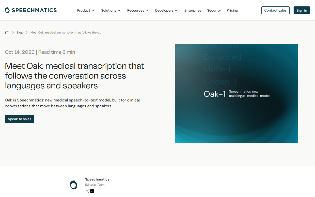 Screenshot of Speechmatics' launch page for Oak, a multilingual medical speech-to-text model.